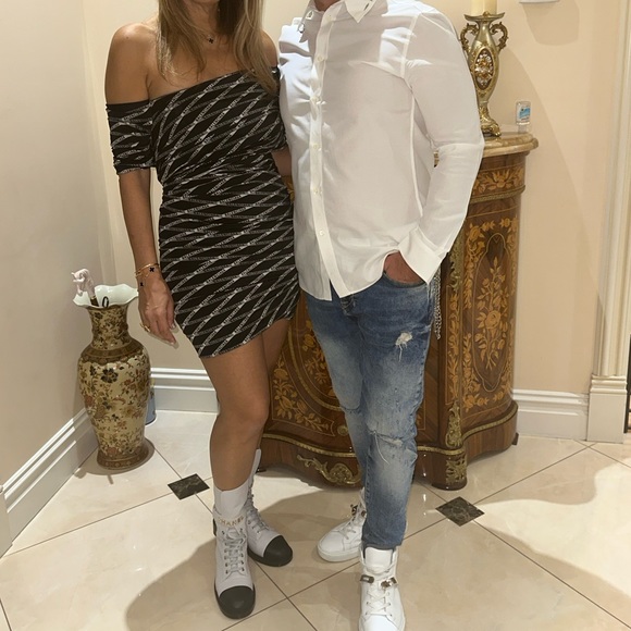 Balenciaga Logo Printed Stretch Wrap Mini Dress Sz 8 - Picture 13 of 16